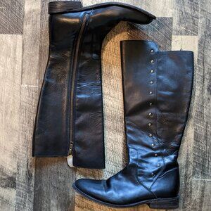 Bed Stu Black Leather Tall Boots Side Zipper Metal Rivets Studs